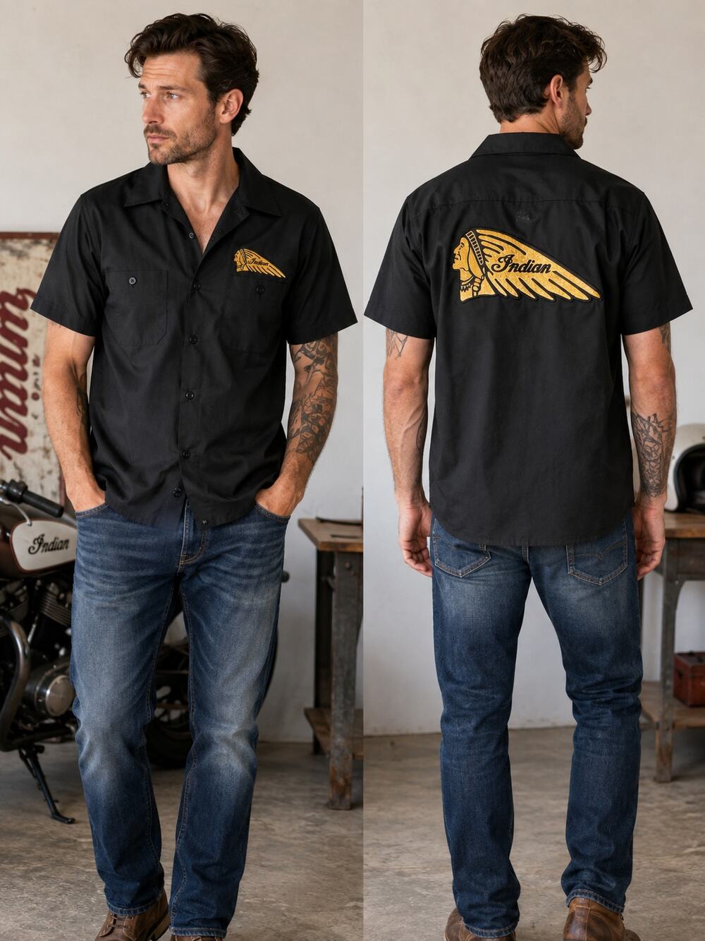 Indian Motorcycle Embroidered Work Shirt Mens M Black Shop Mechanic Button Up